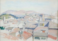 HARRY RUTHERFORD (1903 - 1985) OIL PAINTING ON BOARD 'Rooftops, Perugia' 1967 9 1/2" x 13 1/2" (24 x