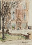 LIZ TAYLOR PEN AND WASH DRAWING 'Cathedral Yard' Signed, titled and dated 1975 12" x 9" (30.5 x