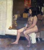 DAVID WILD (1931-2014) OIL PAINTING ON BOARD Seated female nude Numbered 38 verso approx 30" x