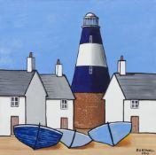 PAUL BURSALL ACRYLIC ON CANVAS 'Dock Light' Beached boats, black and white lighthouse and white
