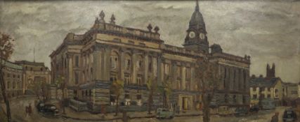•BRYAN SENIOR OIL PAINTING ON BOARD 'Bolton Town Hall', 1954, 20" x 48"