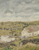 R. MANN A.T.D, N.D.D., D.A. (Manc) OIL PAINTING ON CANVAS 'View of Village of Trawden, Nr Colne'