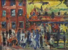 •LAWRENCE ISHERWOOD (1917-1988) OIL PAINTING ON BOARD 'Snow Stocking Factory, Wigan' Signed lower