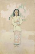 HARRY RUTHERFORD (1903 - 1985) OIL PAINTING ON CANVAS 'Betong woman holding a cat' Signed and