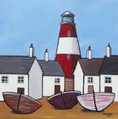 PAUL BURSALL ACRYLIC ON CANVAS 'Rear Light', beached boats, red and white lighthouse and white