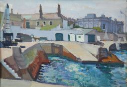 HARRY RUTHERFORD (1903 - 1983) OIL PAINTING ON BOARD Harbour scene with slip-way Unsigned 10 1/2"