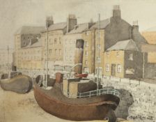 IVOR O'BRIEN (1918 - 2003) WATERCOLOUR DRAWING 'Harbour - Douglas', quayside with trawlers at low