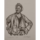 ROGER HAMPSON (1925-1996) LINOCUT ON MAUVE PAPER 'Smiling Miner' Signed, titled and numbered 16/20