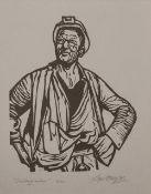 ROGER HAMPSON (1925-1996) LINOCUT ON MAUVE PAPER 'Smiling Miner' Signed, titled and numbered 16/20