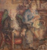 HAROLD HOPE READ (1881-1959) WATERCOLOUR DRAWING Seated couple in a interior Signed and indistinctly