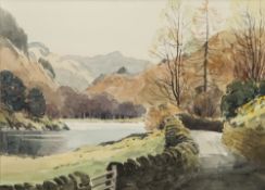 E. GRIEG HALL WATERCOLOUR DRAWING 'Grassmere from Red Bank Road' Signed, titled and dated (19)'74