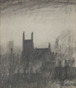 •TREVOR GRIMSHAW (1947 - 2001) PENCIL DRAWING Urban scene with church and houses with smoking