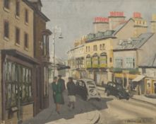 IVOR O'BRIEN (1918 - 2003) OIL PAINTING 'High Street Buxton Signed and dated (19)49, titled to label