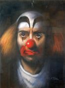LARRY RUSHTON (20th Century) PASTEL Shoulder length portrait of a teary eyed clown Signed 22 1/2"