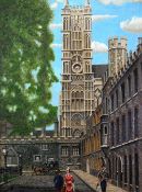 •HELEN LAYFIELD BRADLEY (1900 - 1979) OIL PAINTING ON CANVAS, 'Ely Cathedral', Street scene with