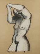 •GEOFFREY KEY (b.1941) MIXED MEDIA ON BUFF PAPER 'Naked female figure with arms raised' Signed and