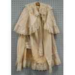 LADY'S EDWARDIAN CREAM AND FLORAL BRODERIE ANGLAISE FULL LENGTH EVENING CLOAK, together with a