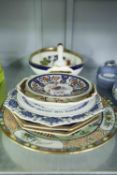 SHERIDAN CHINA FRUIT PAINTED OVAL FRUIT BOWL, EIGHT VARIOUS CHINA RACK PLATES, THREE CHINA THIMBLES,