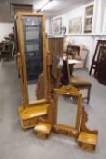 A MODERN PINE FRAMED CHEVAL MIRROR, THE BASE WITH SINGLE DRAWER AND A SIMILAR DRESSING TABLE