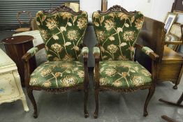 A PAIR OF REPRODUCTION FRENCH STYLE OPEN ARMCHAIRS