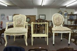 FRENCH STYLE ARMCHAIR, CREAM PAINTED FRAME, UPHOLSTERED BACK, ARMS AND SEAT, ON CABRIOLE SUPPORTS; A