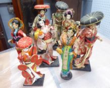 JAPANESE WOODEN CARTOON STYLE DOLLS, 2 large Oriental male PAINTED WOOD COSTUME FIGURES with hats