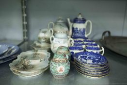 A SPODE BLUE AND WHITE COFFEE SERVICE FOR FIVE PERSONS AND A JAPANESE EGG SHELL PART COFFEE