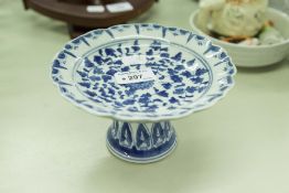A CHINESE BLUE AND WHITE PORCELAIN CIRCULAR DISH, RAISED ON HOLLOW CONICAL PEDESTAL, 6 3/4" DIAMETER