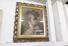 LARGE MONOCHROME PRINT OF A LADY, AFTER GAINSBOROUGH IN ORNATE GILT FRAME