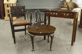 A MAHOGANY SIDE/TELEPHONE TABLE, A CIRCULAR OCCASIONAL TABLE, AN OPEN ARMCHAIR AND A WROUGHT IRON