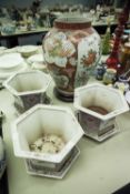 A SET OF THREE MODERN CHINESE CANTON PORCELAIN HEXAGONAL JARDINIERES AND A CHINESE PORCELAIN