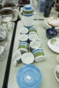 SEVENTEEN PIECE MEAKIN 'STUDIO' POTTERY COFFEE SERVICE FOR 7 PERSONS, BANDED IN BLUE AND GREEN