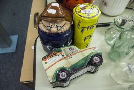 WADE BLUE TETLEY COOKIE JAR, WALLACE AND GROMIT COOKIE TIN AND A CADBURY FLAKE TIN (3)