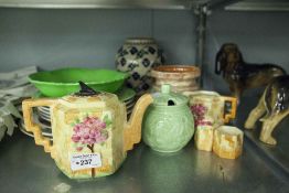 'SUNDIAL' POTTERY TEAPOT, MILK JUG AND SALT AND PEPPER POTS, ROYAL DOULTON 'JACK OF THE BUSHVELD'