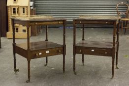 A PAIR OF TWENTIETH CENTURY MAHOGANY END TABLES, WITH GILT PART GALLERIED TOP OVER SLIDE, SOLID