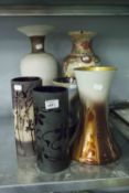 A LARGE RD GLAZED VASE, THREE OTHER POTTERY VASES, AND THREE DECORATIVE GLASS VASES