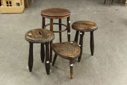 THOWET STYLE BENTWOOD STOOL WITH CIRCULAR SEAT, PAIR OF CARVED WOOD CIRCULAR STOOLS AND ANOTHER WITH