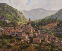 ALBERT GRICE (Twentieth Century) OIL PAINTING ON BOARD Continental village scene with mountains in
