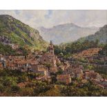 ALBERT GRICE (Twentieth Century) OIL PAINTING ON BOARD Continental village scene with mountains in