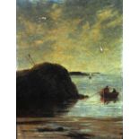 E. BULLOCK (19th CENTURY) OIL PAINTING ON CANVAS Beach scene with small rowing boat coming ashore