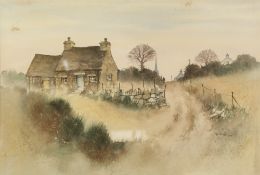 LES HARRIS WATERCOLOUR DRAWING 'Country lane to the Church' Signed and dated 1983, titled to label