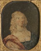 BRITISH SCHOOL (17th CENTURY) OIL PAINTING ON METAL Oval portrait miniature of a lady, bust-