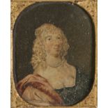 BRITISH SCHOOL (17th CENTURY) OIL PAINTING ON METAL Oval portrait miniature of a lady, bust-