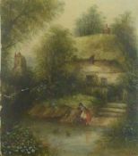 H.E. STANLEY (Nineteenth Century) WATERCOLOUR DRAWING Maid feeding ducks in front of a cottage