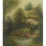 H.E. STANLEY (Nineteenth Century) WATERCOLOUR DRAWING Maid feeding ducks in front of a cottage