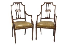 PAIR OF EDWARDIAN INLAID MAHOGANY DRAWING ROOM OPEN ARMCHAIRS, each with square section frame, three