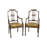 PAIR OF EDWARDIAN INLAID MAHOGANY DRAWING ROOM OPEN ARMCHAIRS, each with square section frame, three
