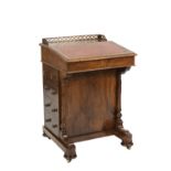 VICTORIAN FIGURED WALNUTWOOD AND LINE INLAID DAVENPORT DESK, the pin locked and hinged top with 3/