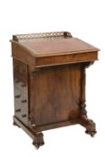 VICTORIAN FIGURED WALNUTWOOD AND LINE INLAID DAVENPORT DESK, the pin locked and hinged top with 3/