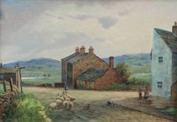 ARTHUR KNOWLES OIL PAINTING ON CANVAS 'Bob's Smithy' near Bolton, 1928, street scene with figures,